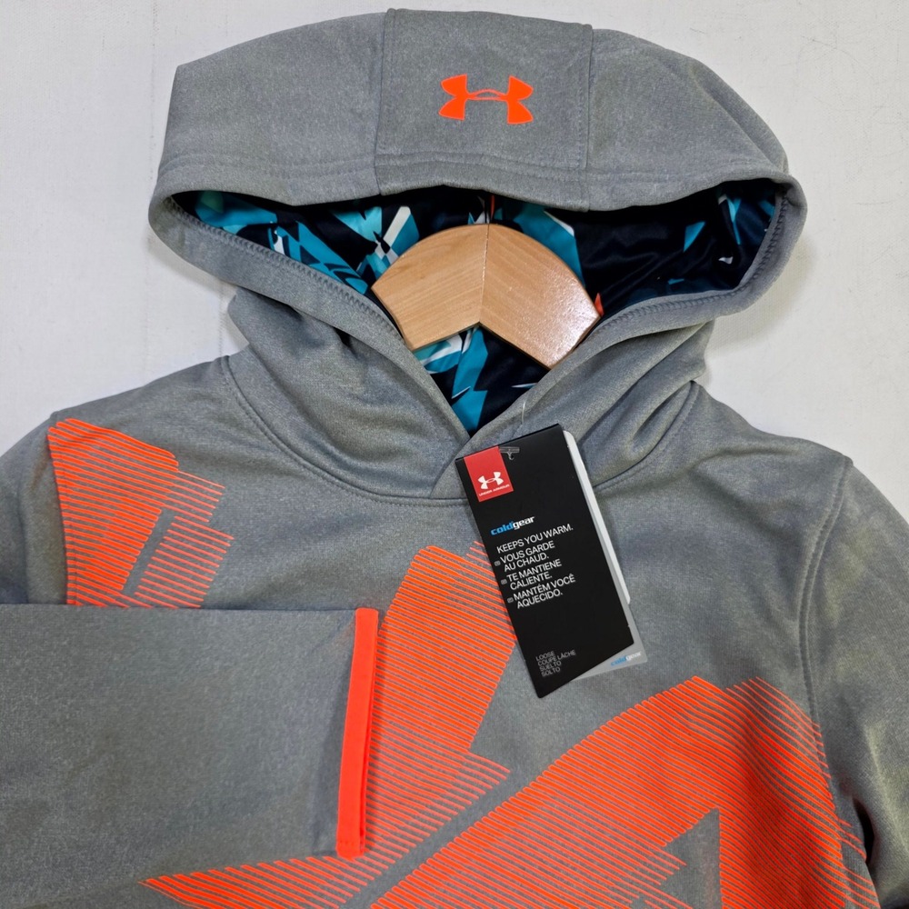 Under Armour Hoodie Boys Youth Medium Gray Orange ColdGear Graphic Sweatshirt